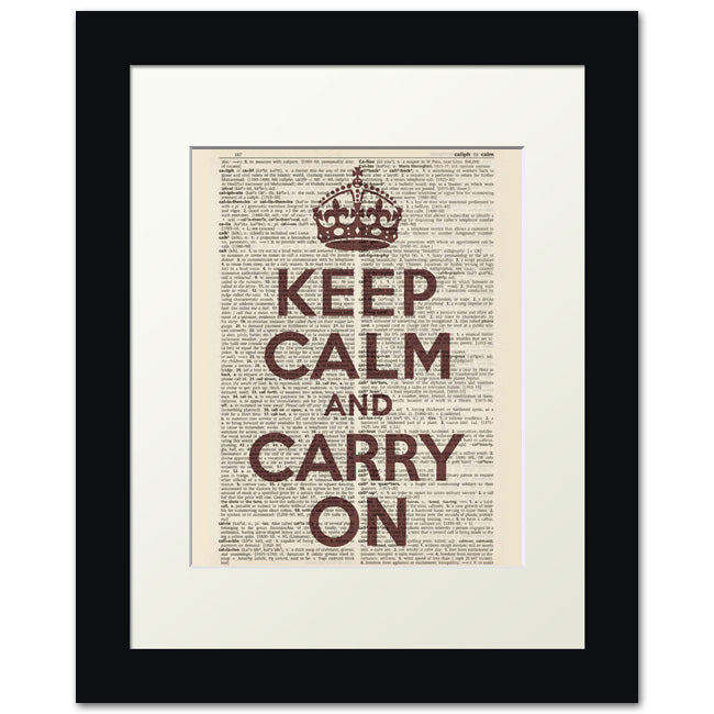Keep Calm And Carry On, framed print (dictionary background, dark red text)