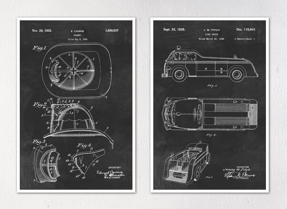 Firefighter Patent Art Prints - Set of Two 12"x18" Wall Art Prints