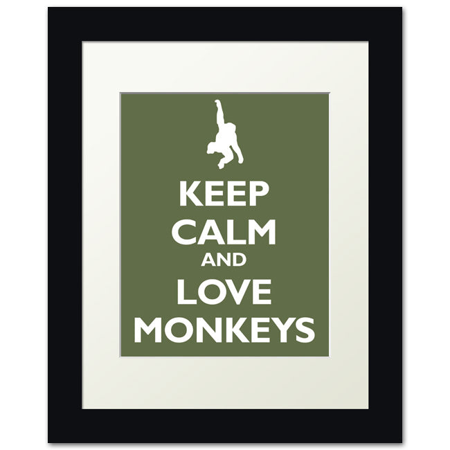 Keep Calm and Love Monkeys, framed print (olive)
