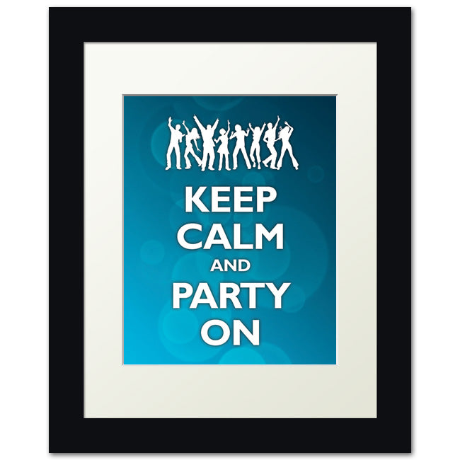 Keep Calm and Party On, framed print (blue bubbles)