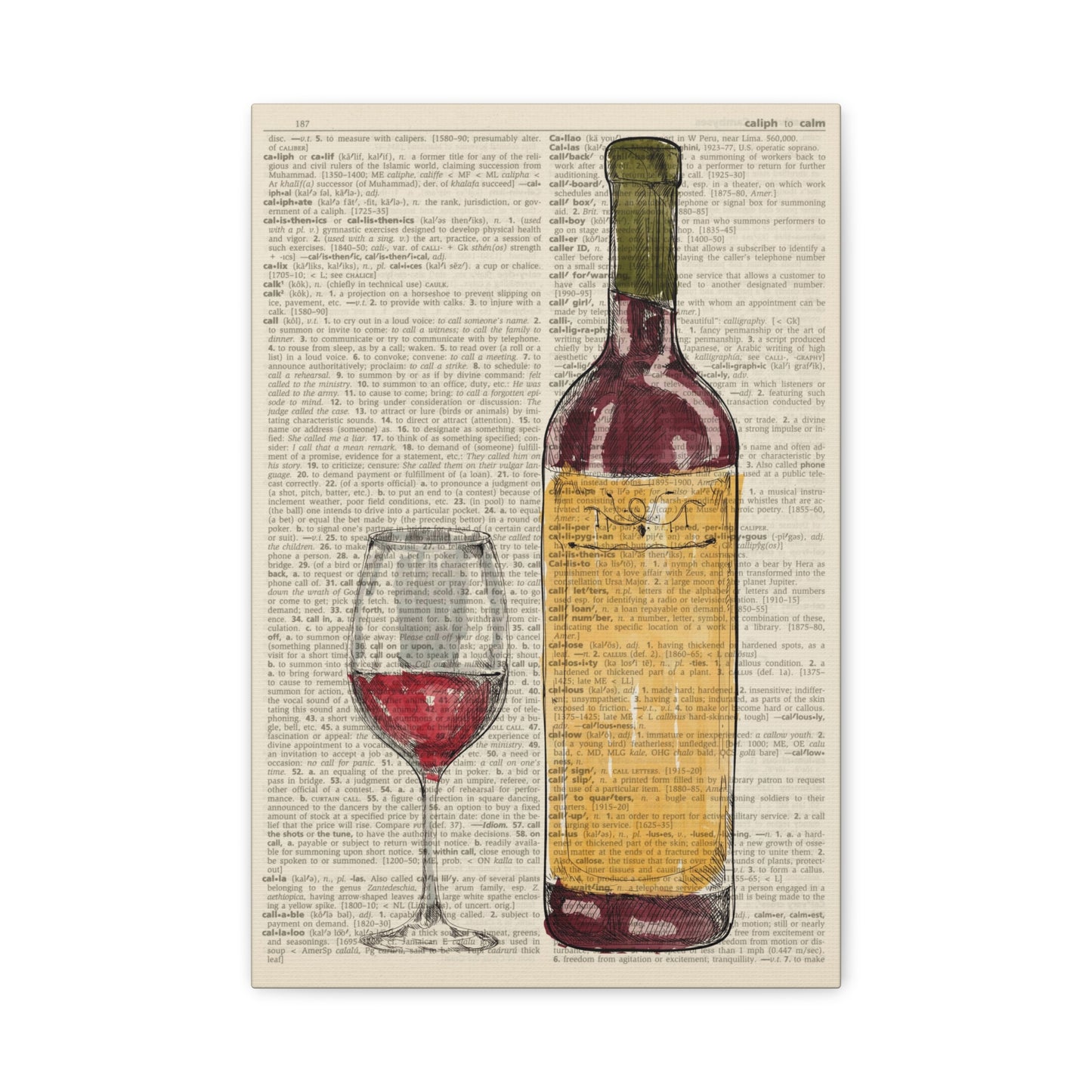 Wine Glass And Bottle Illustration (dictionary background) Canvas Wall Art