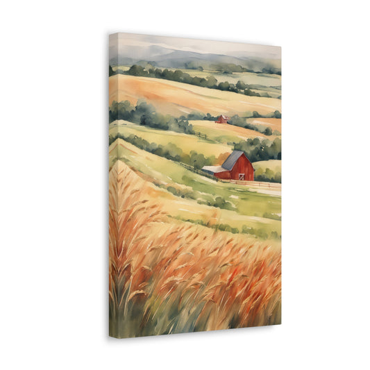 Red Barn on The Prairie Watercolor Painting Canvas Print