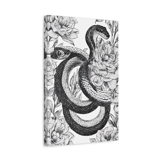 Snake Drawing with Floral Background Black and White Canvas Print