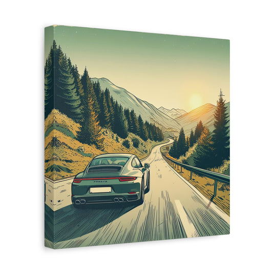 Porsche Driving Down A Mountain Road Illustration II Canvas Print