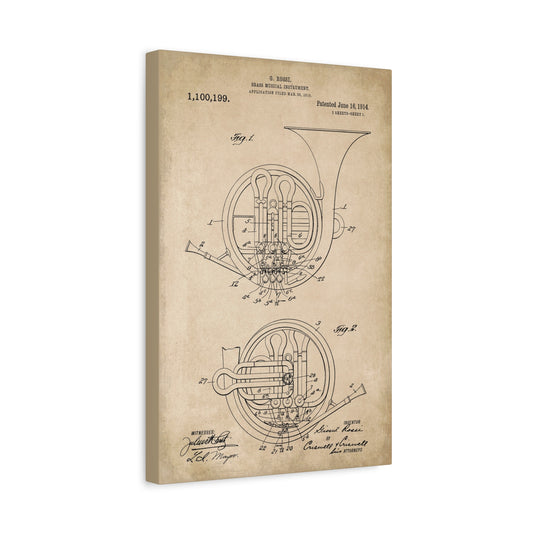 French Horn Musical Instrument Patent Art Canvas Print