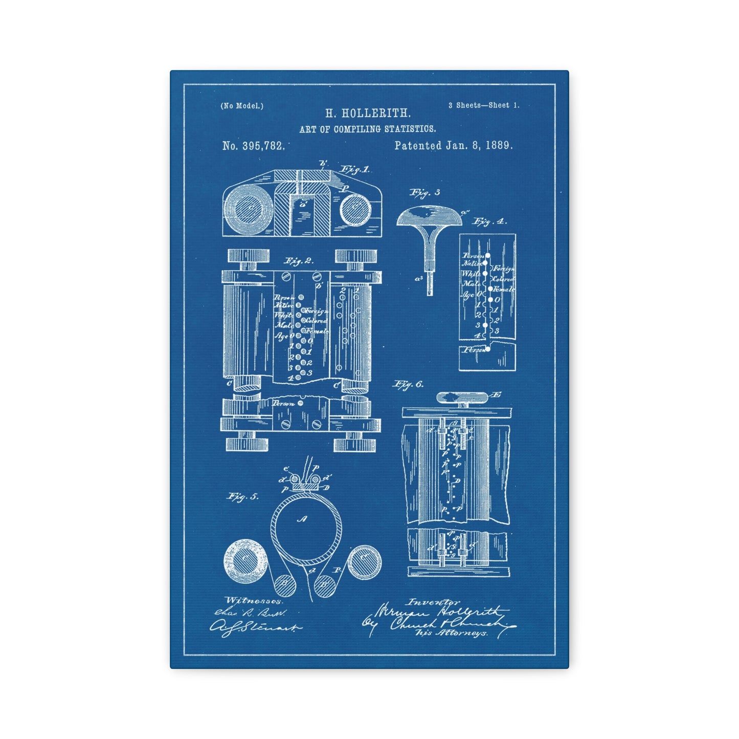 Computer (Hollerith Machine) Blueprint Art Canvas Print