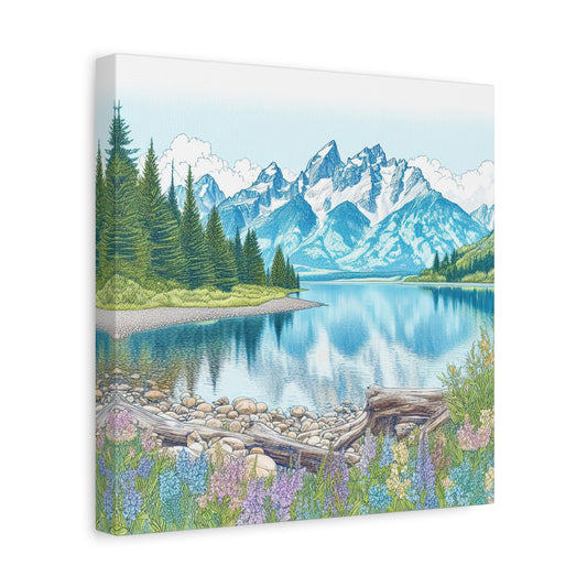 Jenny Lake at Grand Teton National Park Line Drawing II Canvas Print