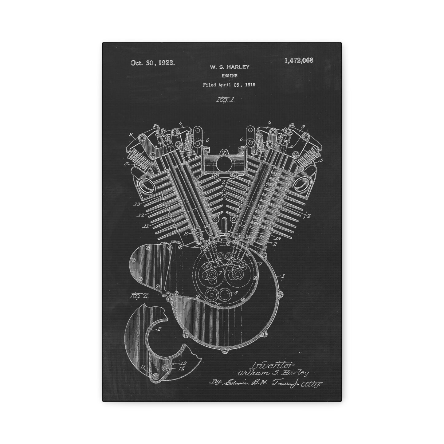 Harley Davidson Motorcycle Engine Patent Art Canvas Wall Art