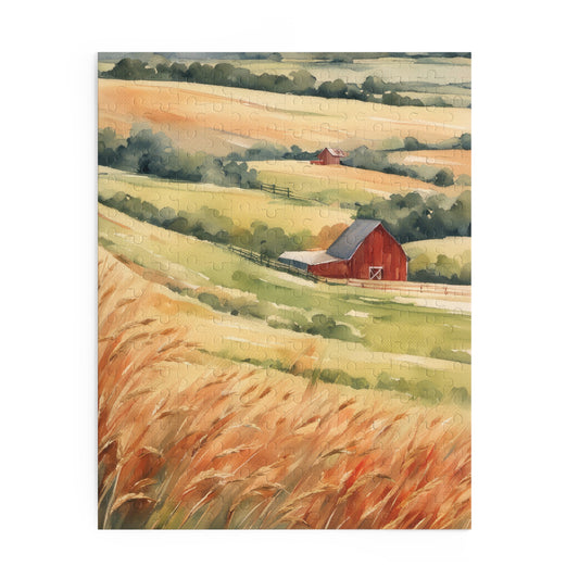 Red Barn on The Prairie Watercolor Painting Jigsaw Puzzle