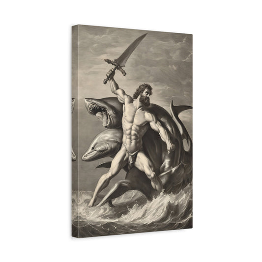 Hercules Fighting A Two Headed Shark Charcoal Drawing Canvas Print