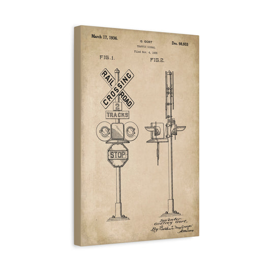 Railroad Crossing Signal Patent Canvas Wall Art