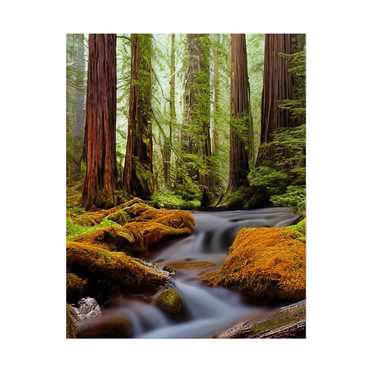 Redwood Tree Forest and Stream Scenic Nature Art Print