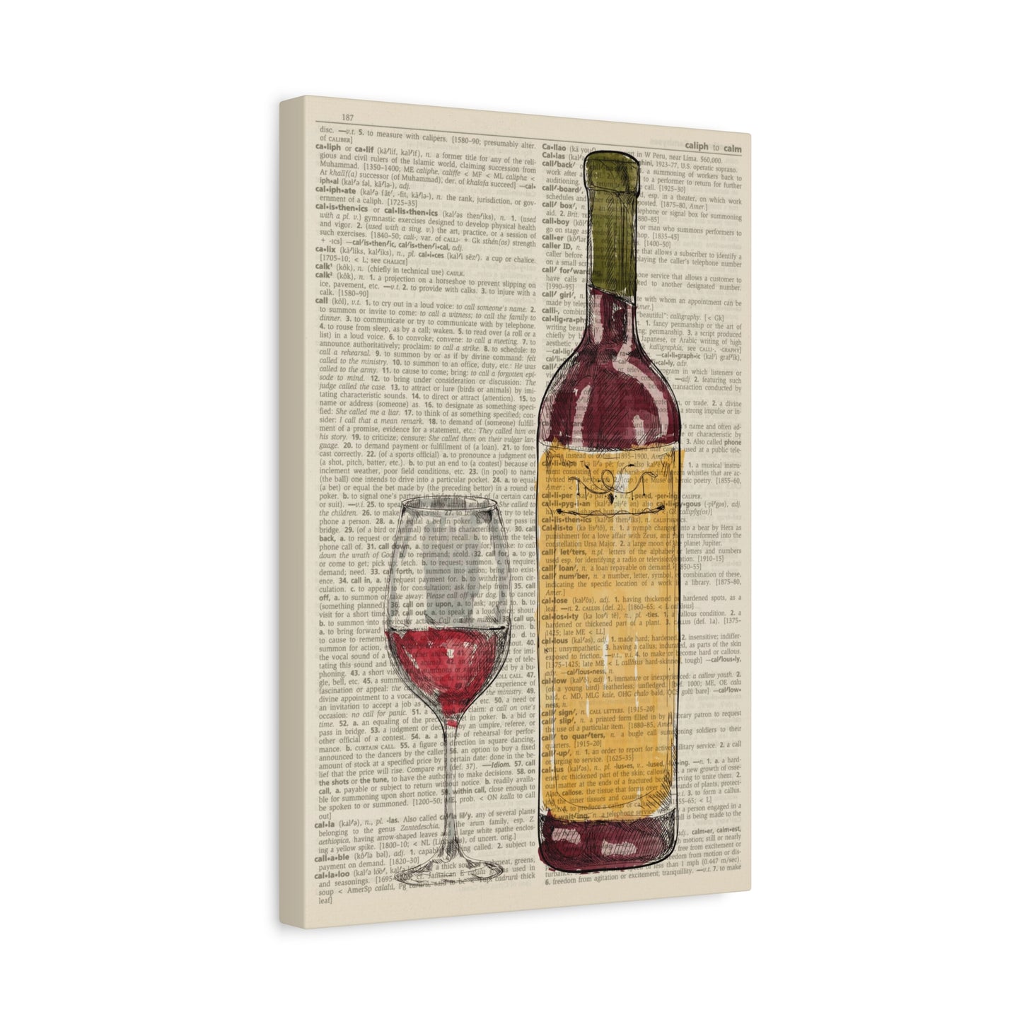 Wine Glass And Bottle Illustration (dictionary background) Canvas Wall Art