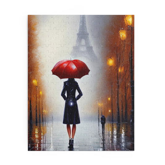 Woman with Red Umbrella in The Shadow of the Eiffel Tower Jigsaw Puzzle