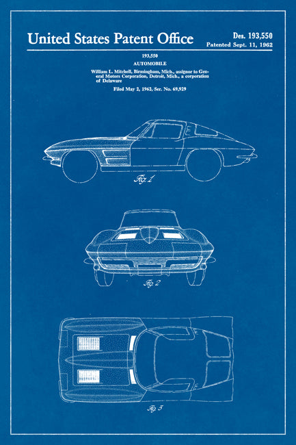 1962 Corvette Stingray Blueprint Art Poster