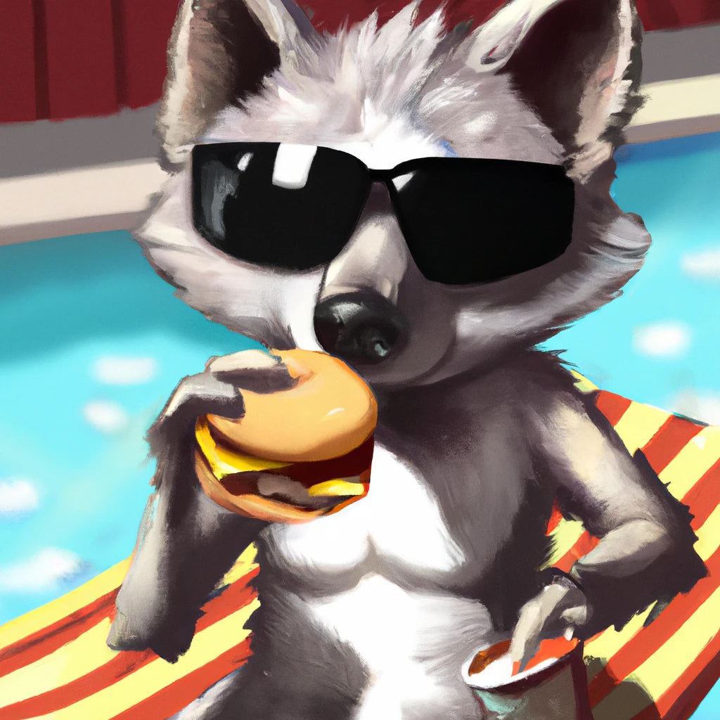 Baby Wolf with Sunglasses Eating A Burger by The Pool Painting I Art Print