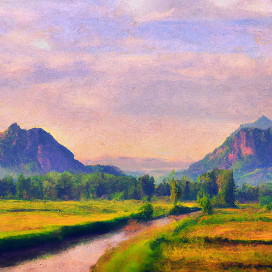 Two Mountains at Sunrise With A River and Rice Field Painting II Art Print