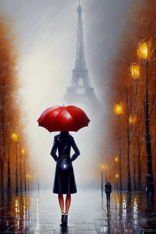 Woman with Red Umbrella in The Shadow of the Eiffel Tower Art Print