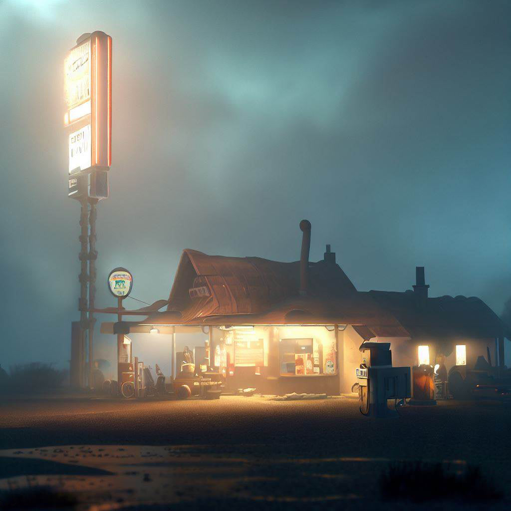 Gas Station at Night Digital Painting II Art Print