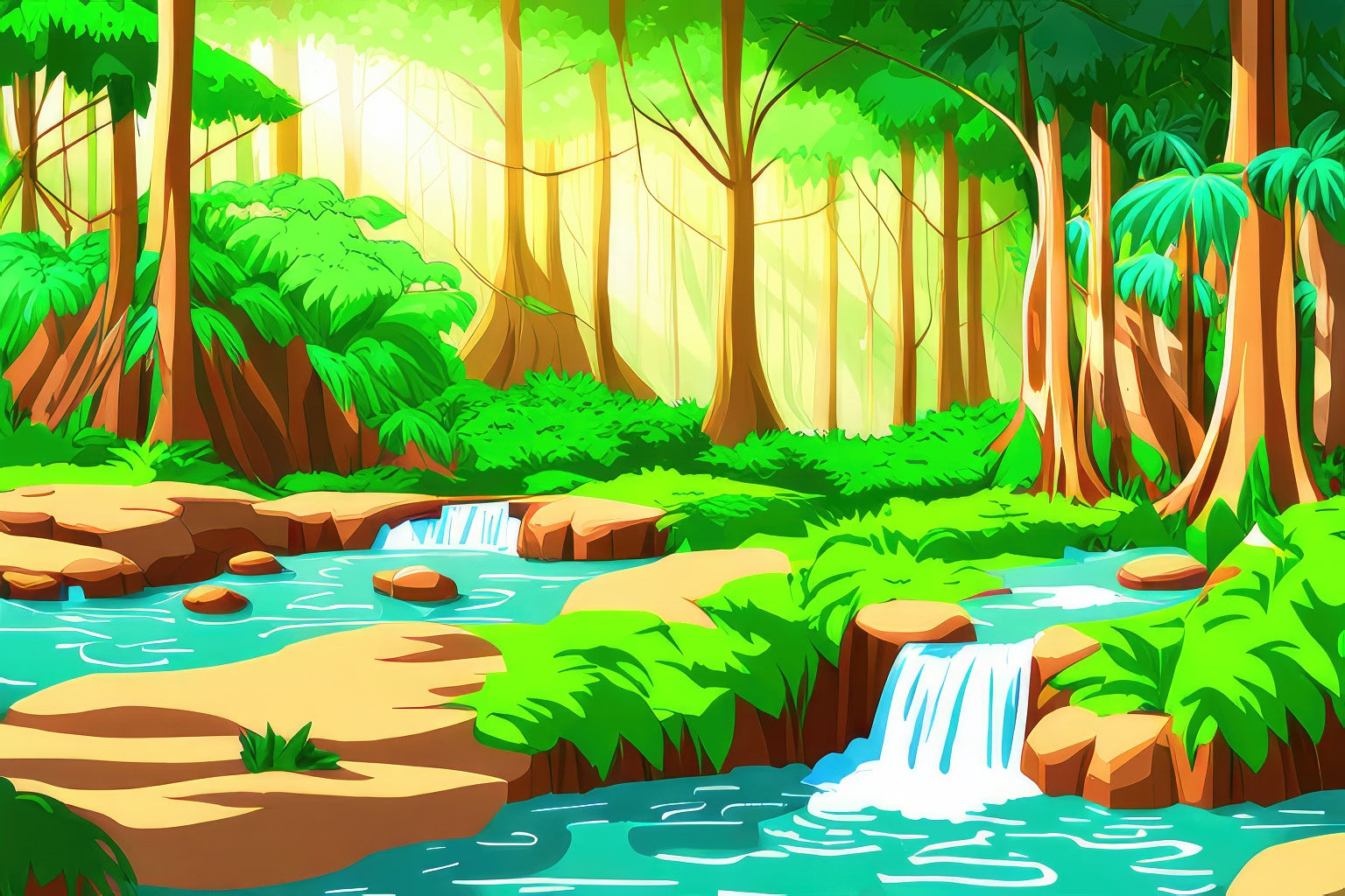 Waterfall in A Lush Jungle Illustration II Art Print