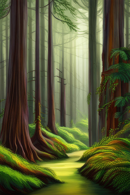Giant Redwoods in A Misty Forest Illustration Art Print