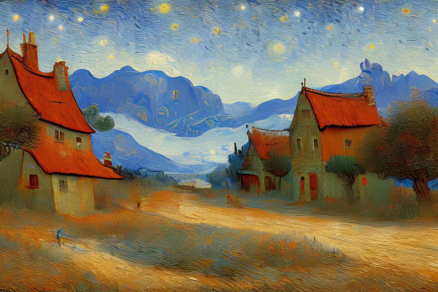 Starry Night in A Small Village Art Print