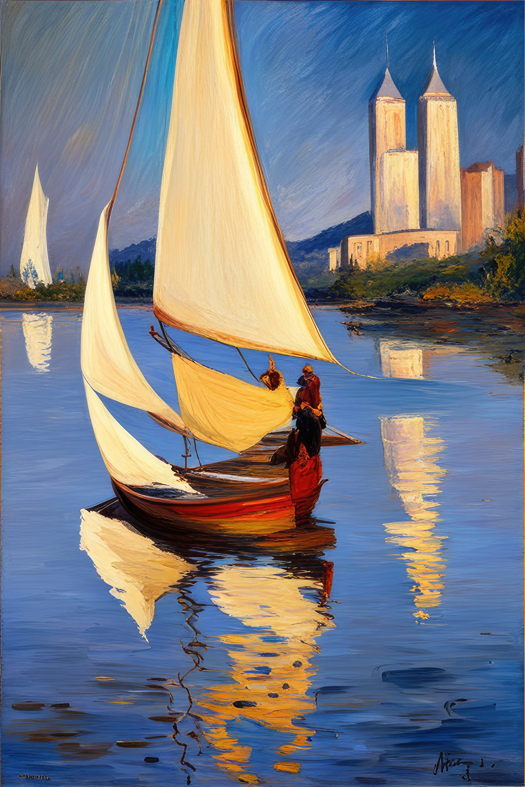 Sailboat on The Water with Buildings Painting Art Print