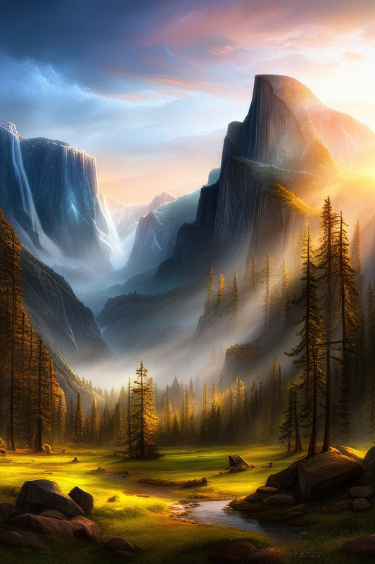 Majestic Mountain Scene at Sunrise Digital Painting Art Print