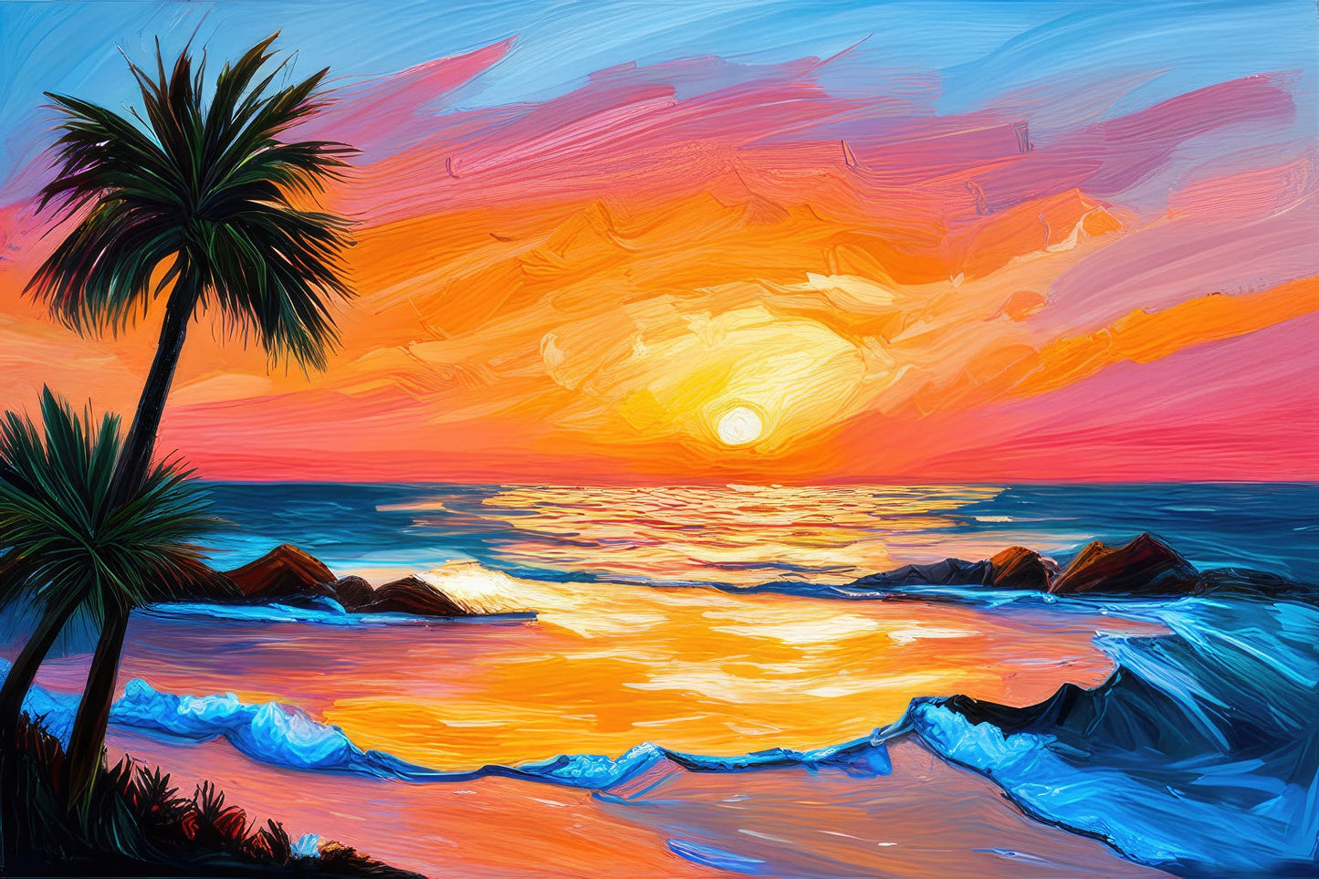Sunset Beach with Palm Trees Oil Painting Art Print
