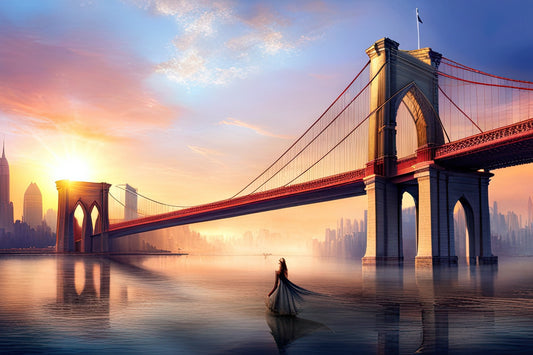 Woman at Brooklyn Bridge Digital Painting Art Print
