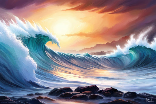 Crashing Waves at Sunset Digital Painting Art Print