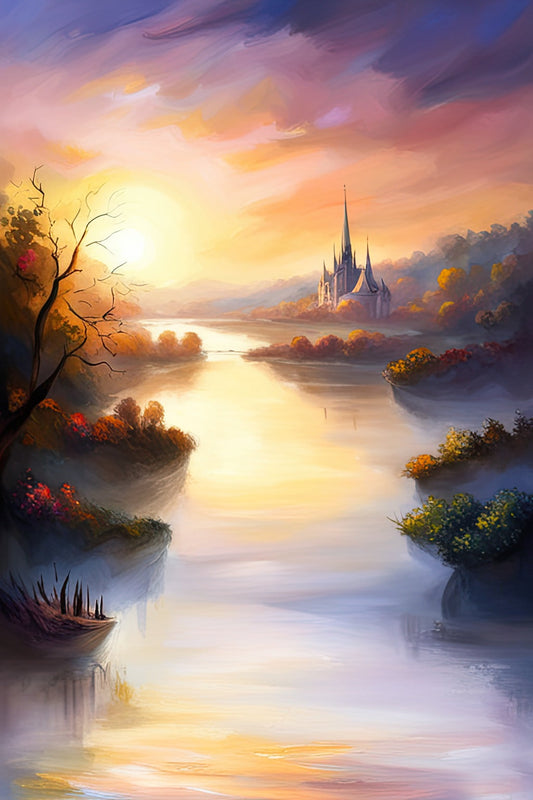 Majestic Castle Along A River Digital Fantasy Painting Art Print