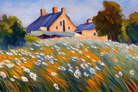 Country View in a Field of Daisies Painting I Art Print