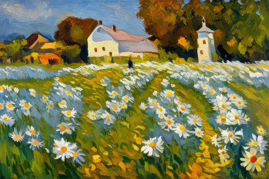 Country View in a Field of Daisies Painting II Art Print
