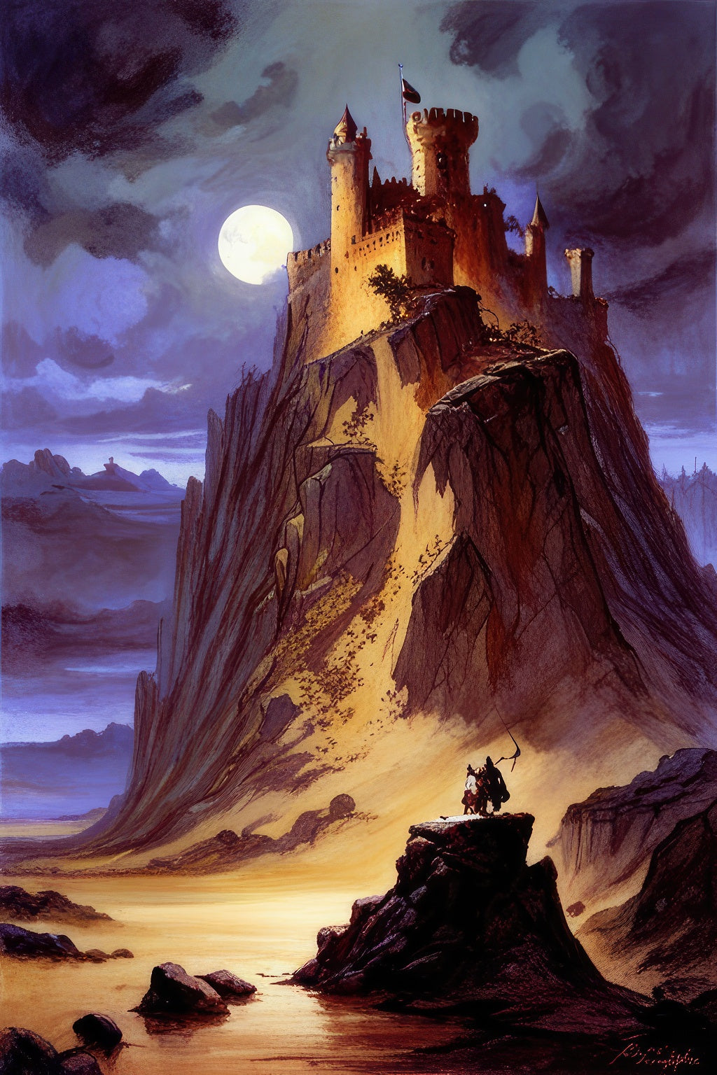 Castle on Top of A Hill in The Moonlight Fantasy Painting Art Print