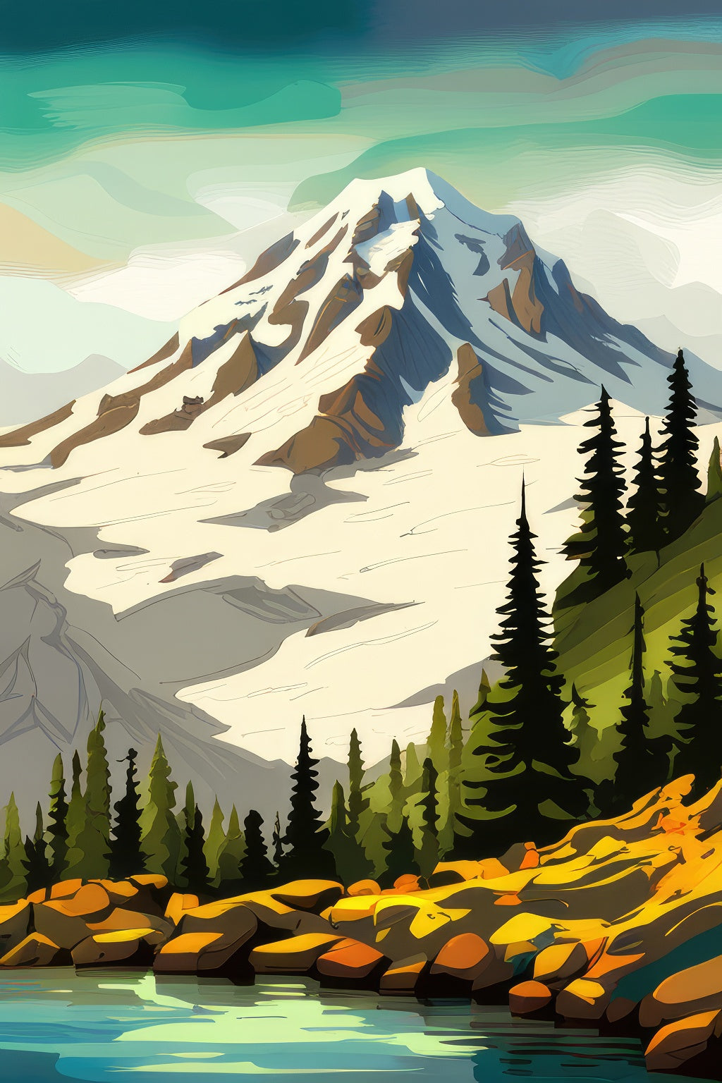 Mount Rainier Scenic Landscape Digital Painting I Art Print
