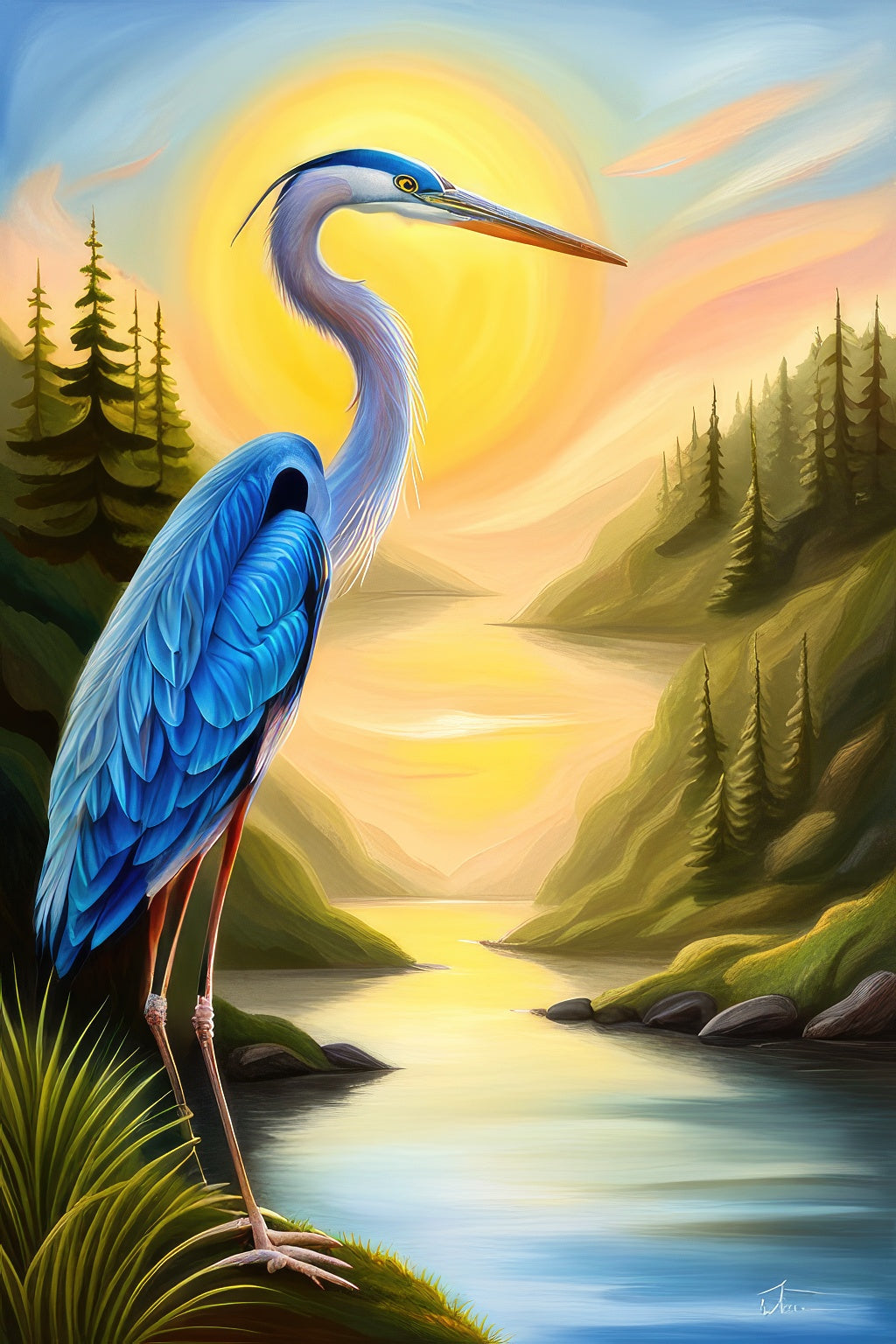 Blue Heron in A Scenic Landscape Oil Painting Art Print