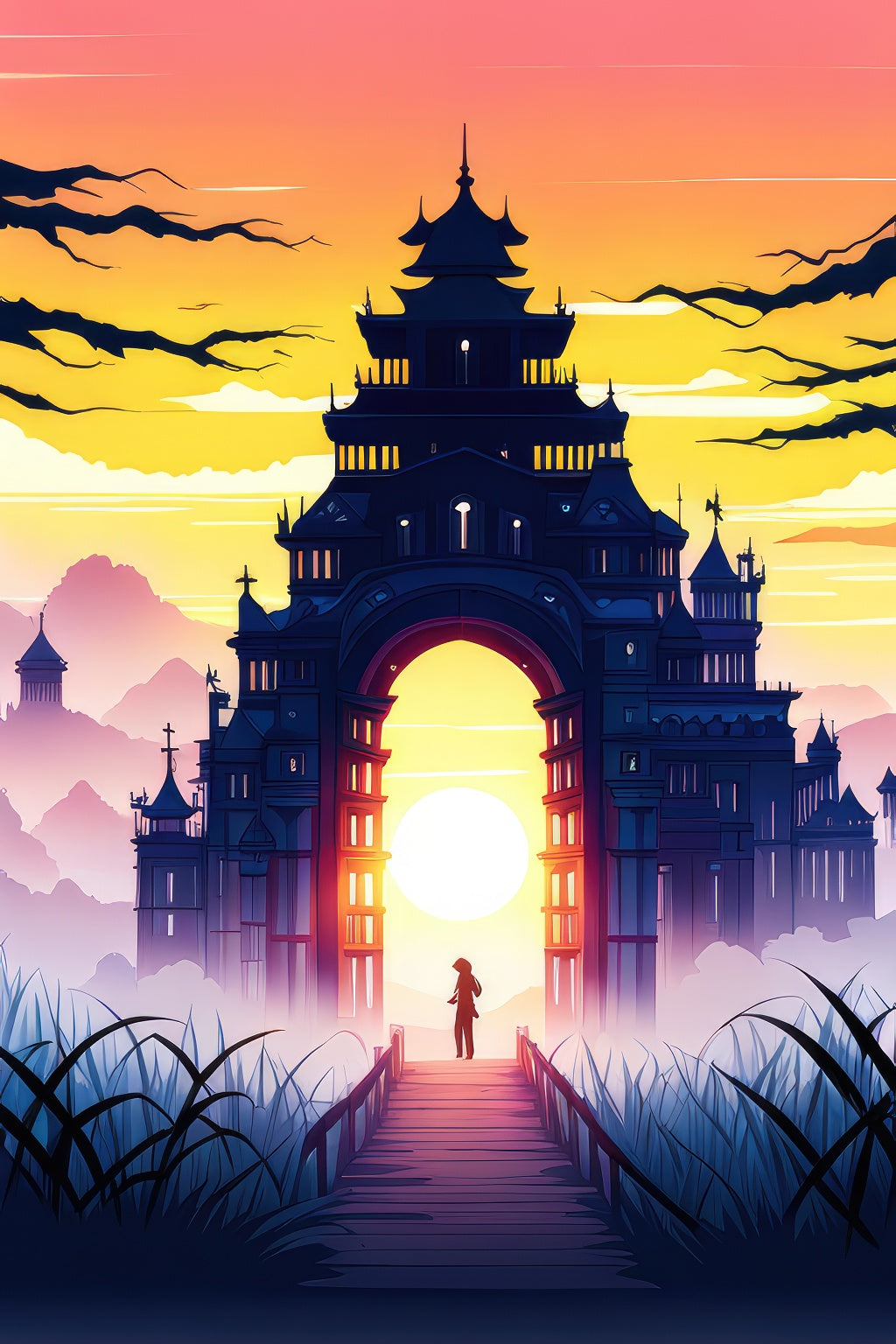 Chinese Castle with Bridge Digital Illustration Art Print