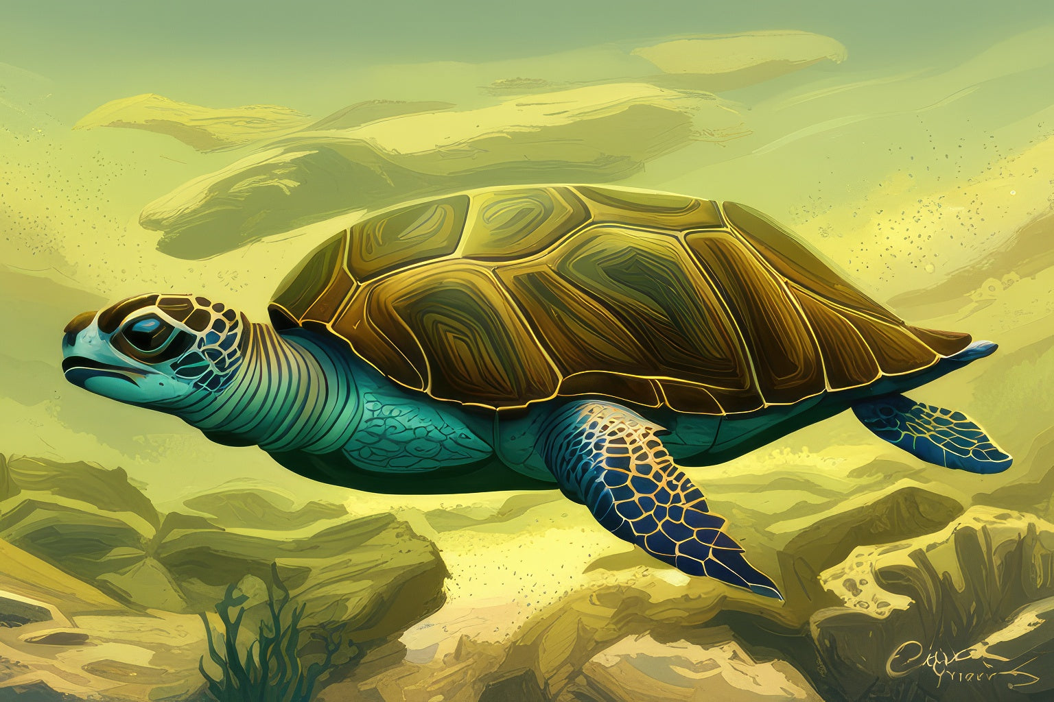 Sea Turtle Underwater Digital Painting Art Print