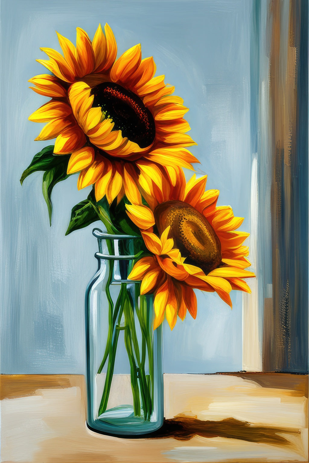 Two Sunflowers in A Glass Jar Oil Painting Art Print