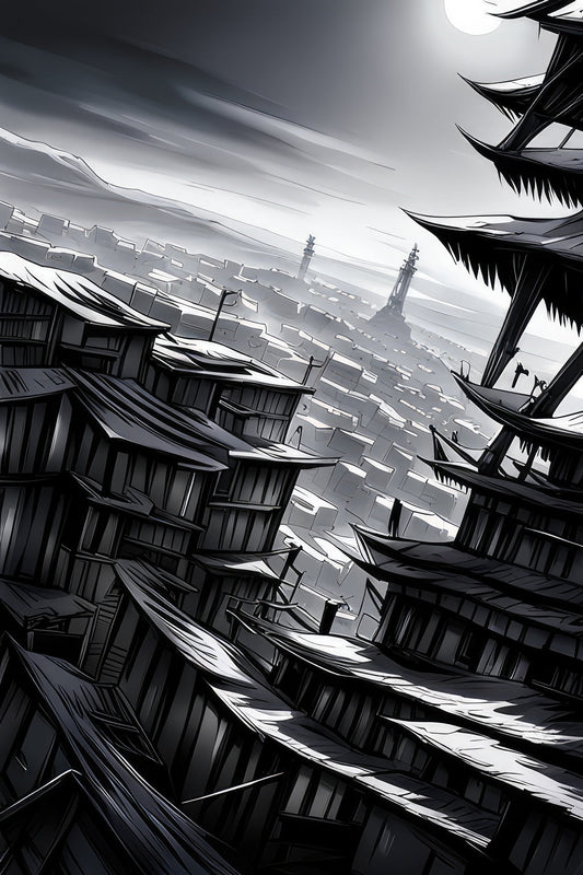 Asian Metropolis Black and White Illustration Art Print