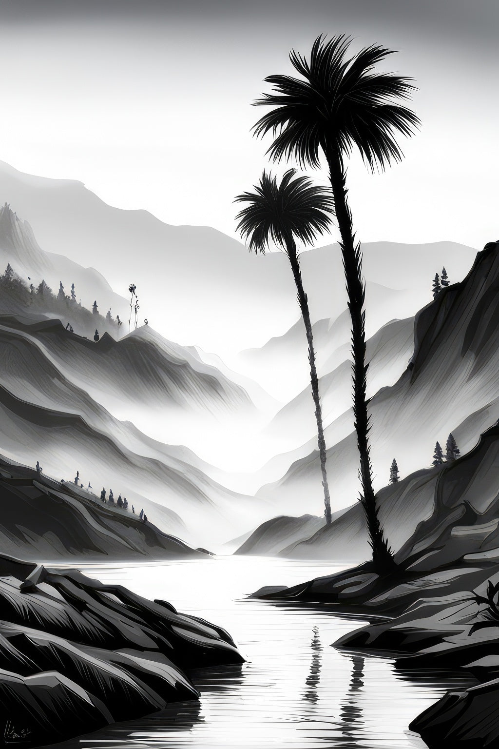 Two Palms Along A River Black and White Illustration Art Print