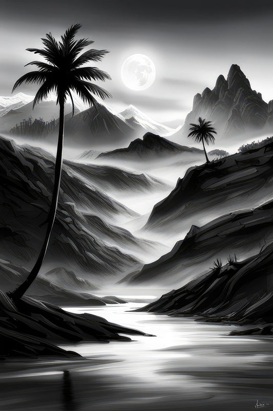 Two Palms Along A River in The Moonlight Black and White Illustration Art Print