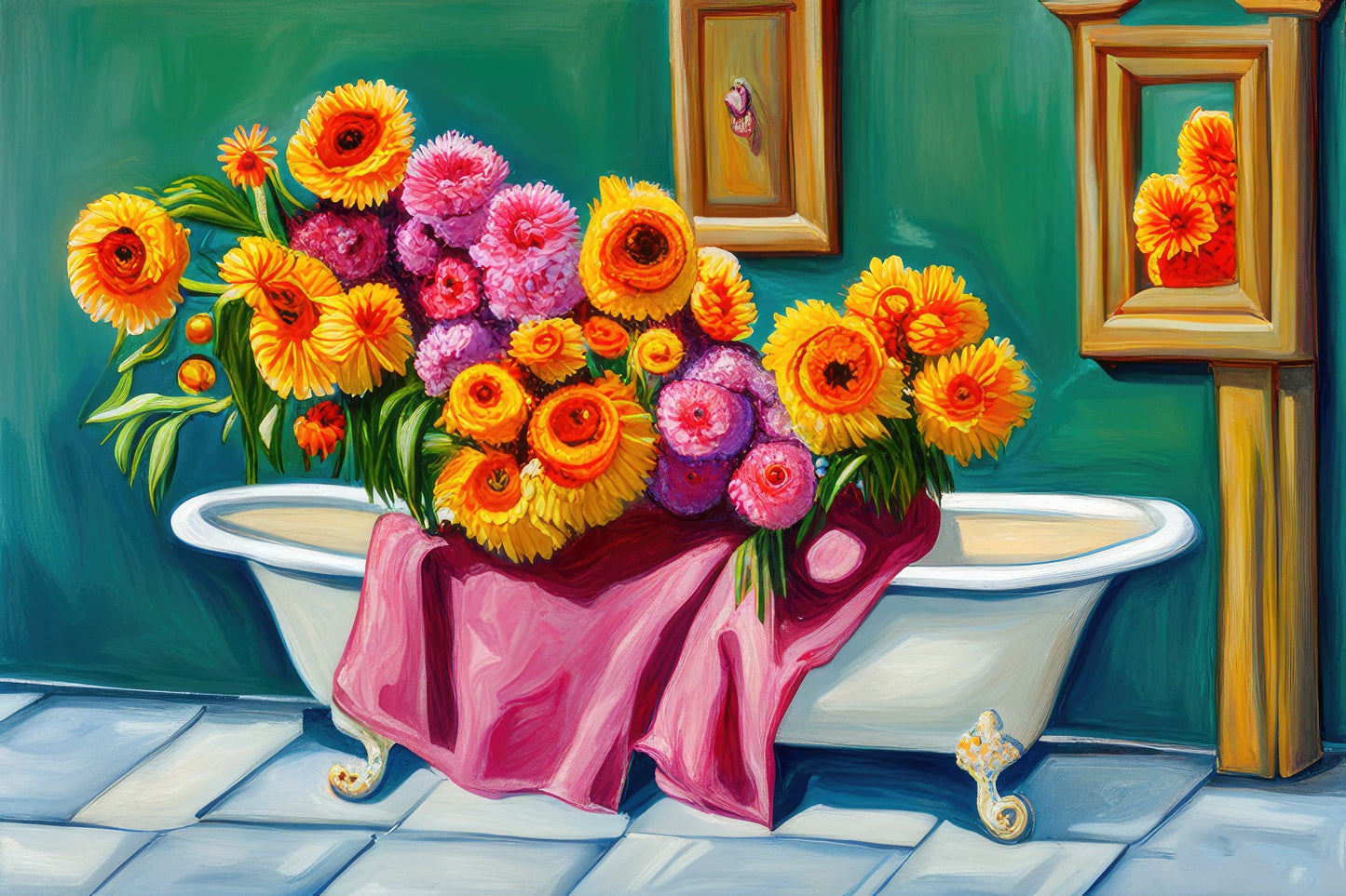 Bathtub Bouquet of Flower Digital Painting Art Print