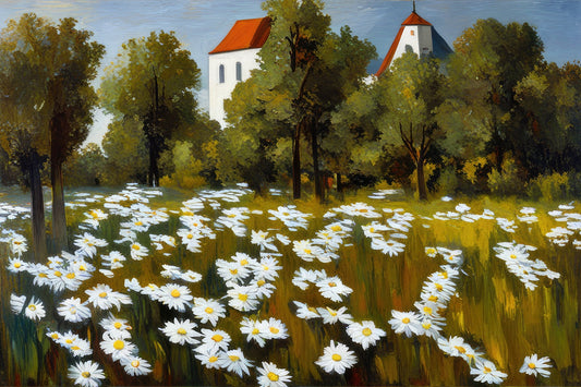Field of Daisies Near A Farmhouse Oil Painting Art Print