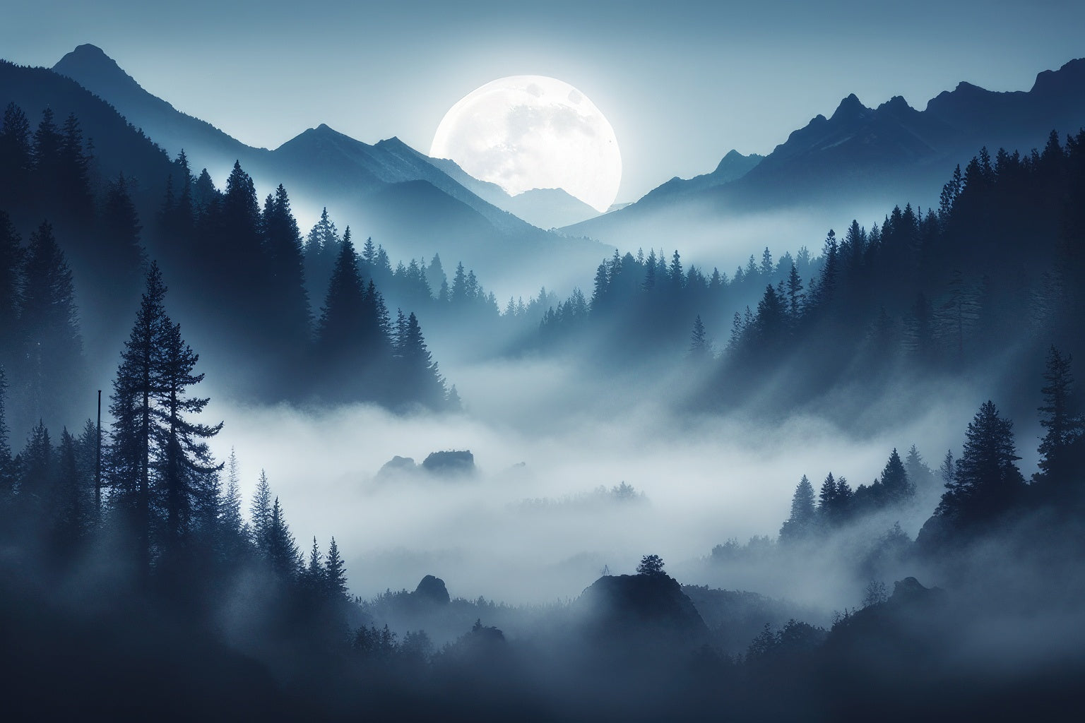 Mountain Forest in The Moonlight Photograph Art Print