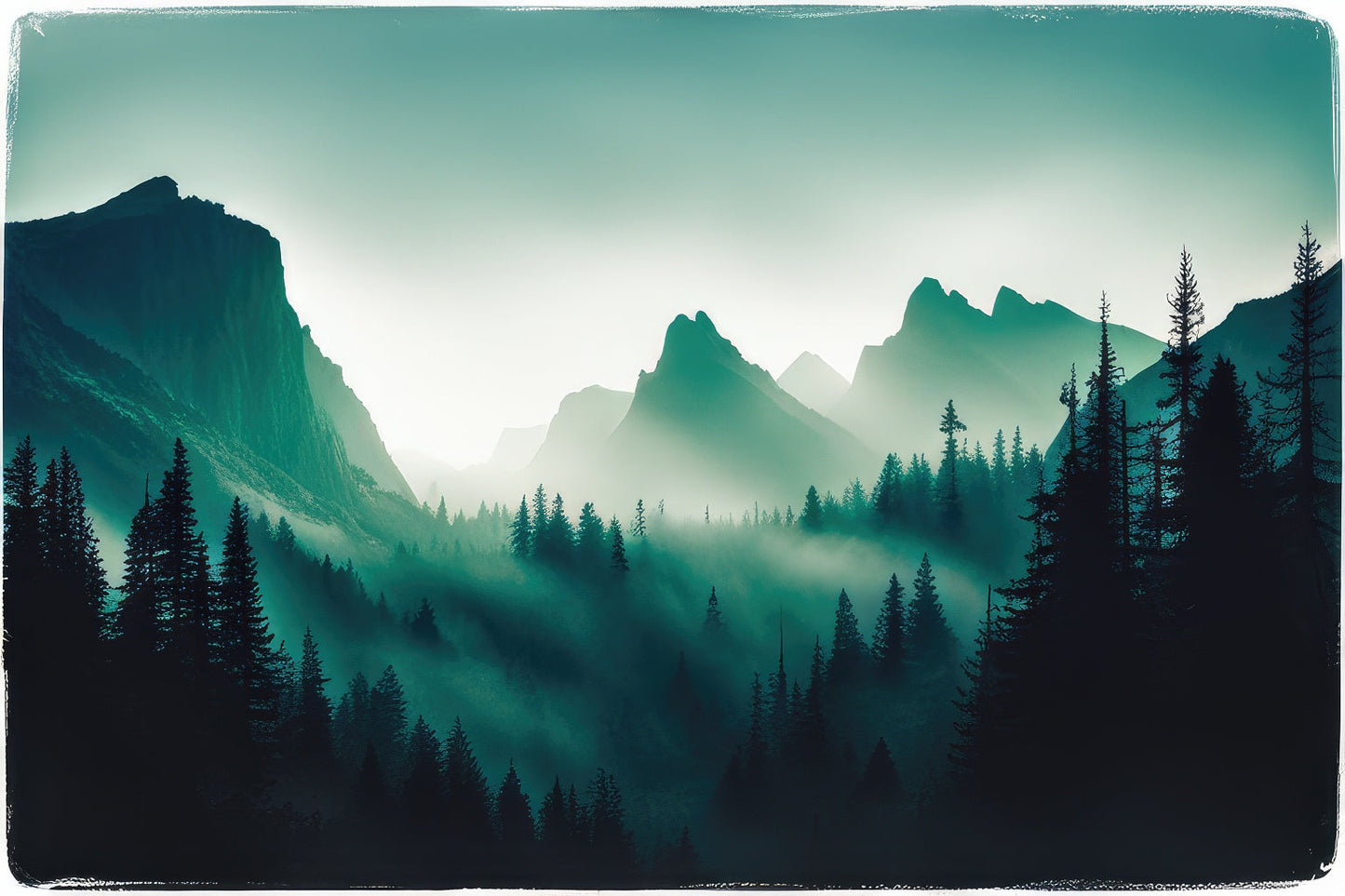 Misty Mountain Forest at Dawn Photograph I Art Print