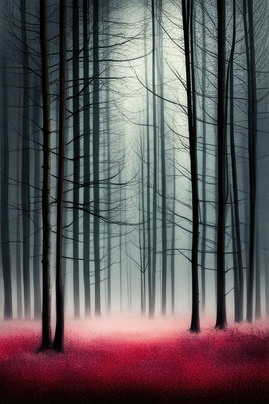 Dark Forest with Red Flowers Digital Painting Art Print