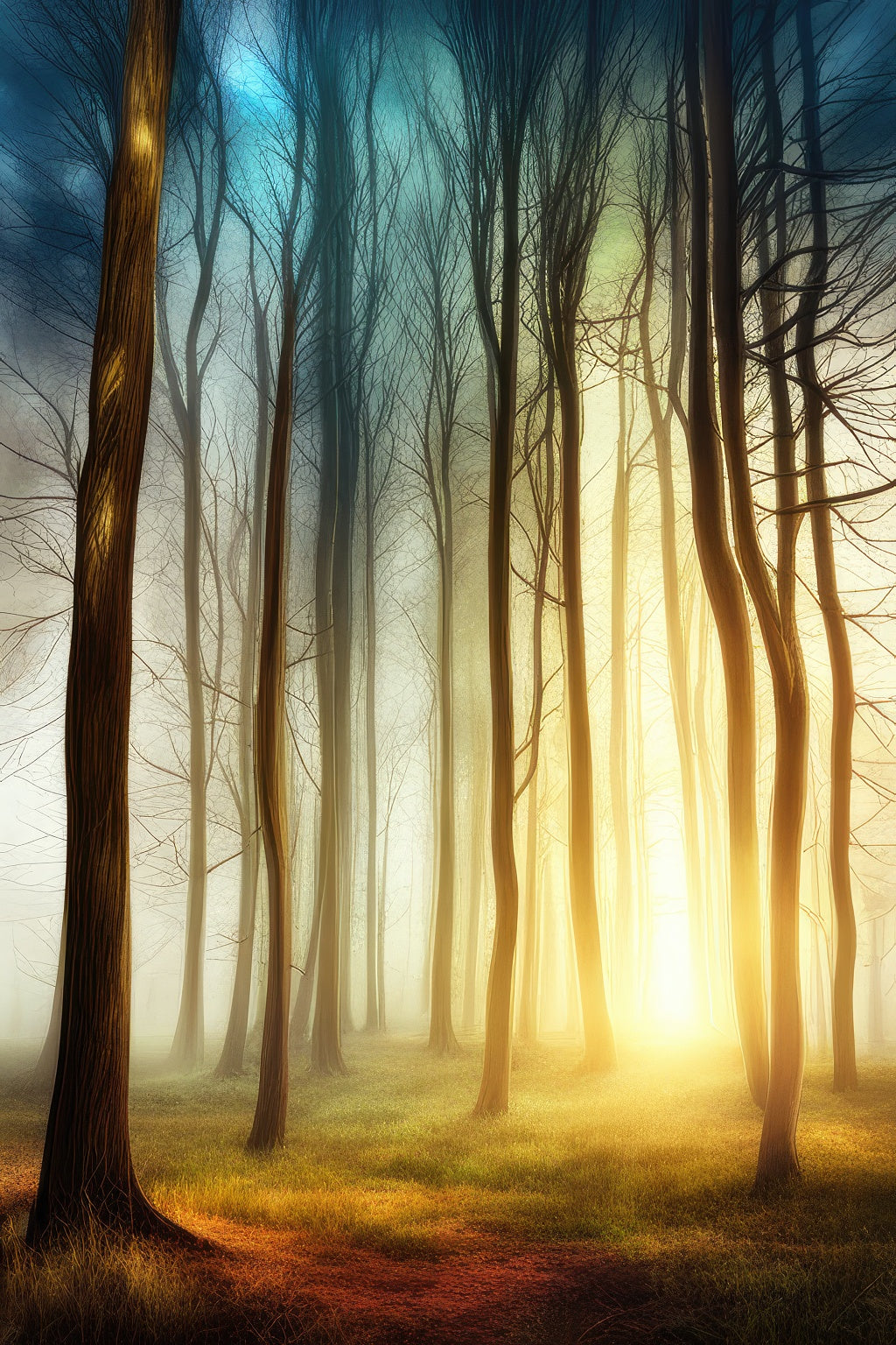 Dreamy Forest at Sunrise Digital Painting Art Print