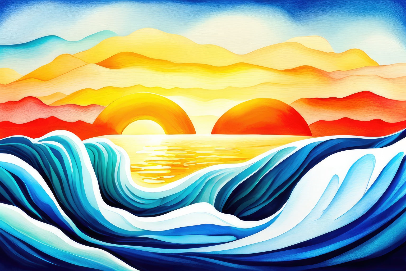 Abstract Sun Over Blue Watercolor Ocean Waves Painting I Art Print